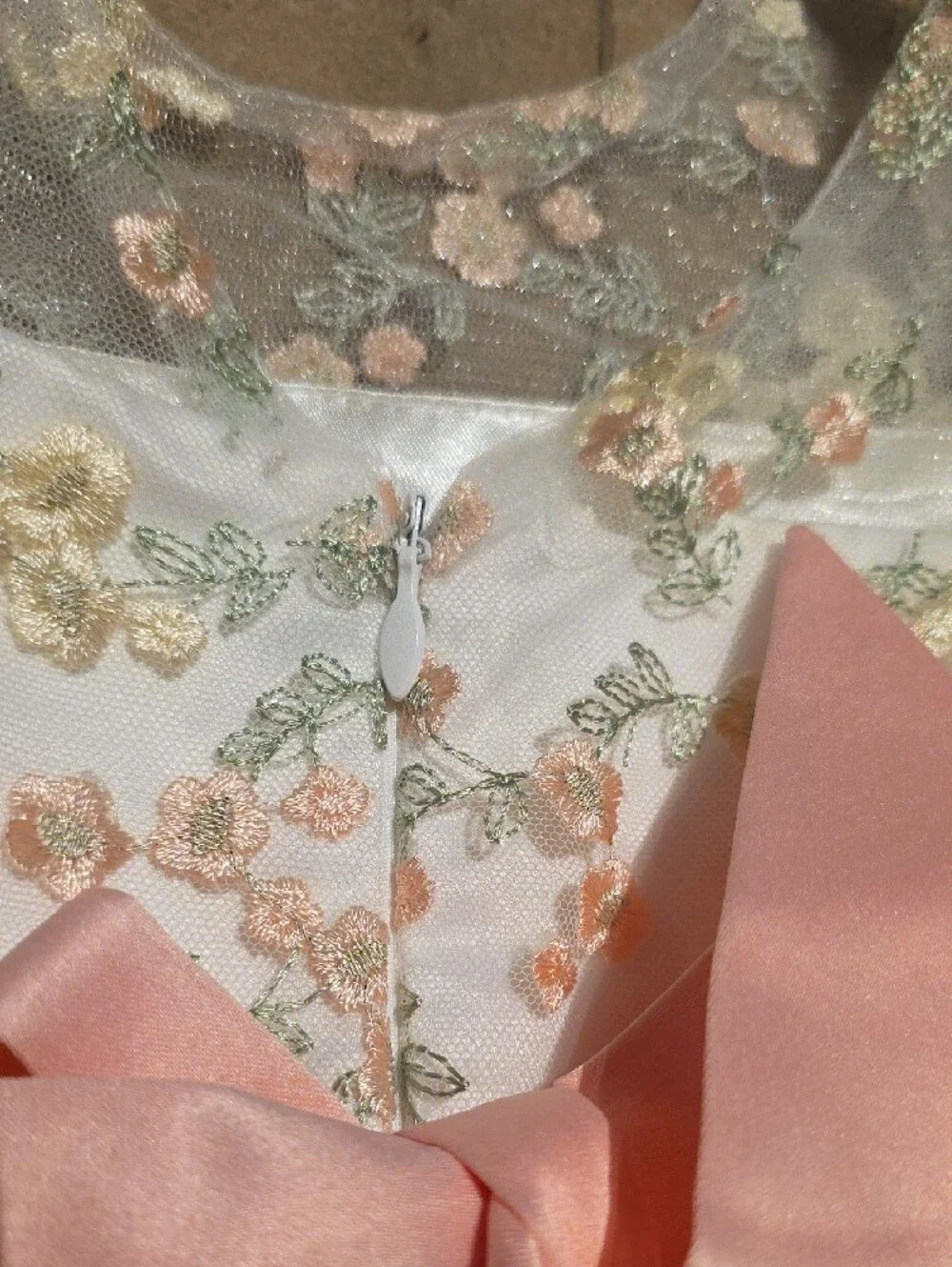 Girls Floral Embroidered Party Dress - White with Pastel Accents. Size 5